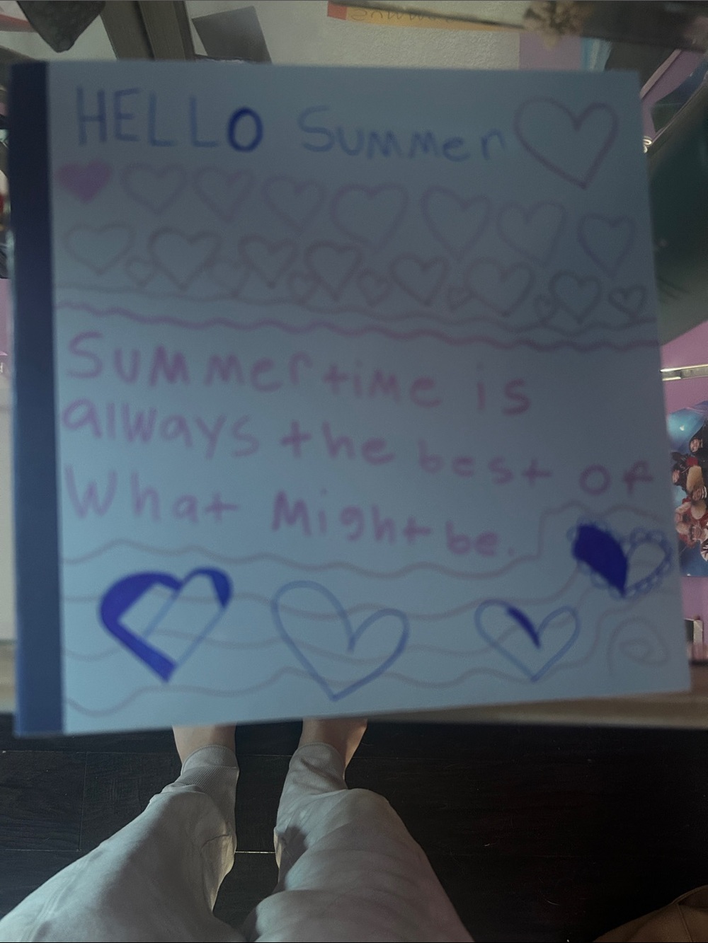 Handmade 'Hello Summer' Heart Doodle Poster in Pink & Blue